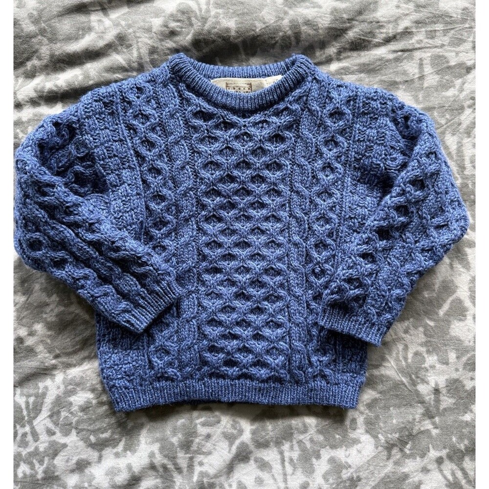 Aran Sweater Market Kids 2-3 Blue Wool Cable Knit Fisherman Pullover Crewneck